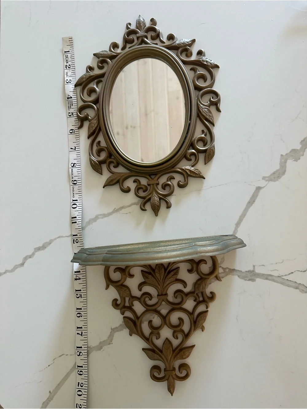 Vintage Syroco Hollywood Regency style small wall mirror & shelf set
